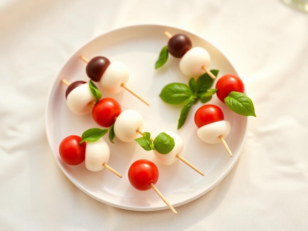 Szaszłyk: mozzarella • pomidorek • oliwka • bazylia