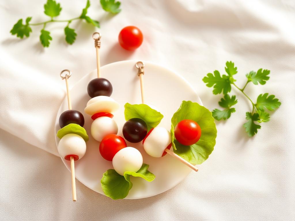 Szaszłyk: mozzarella • oliwka • sałata • pomidorek