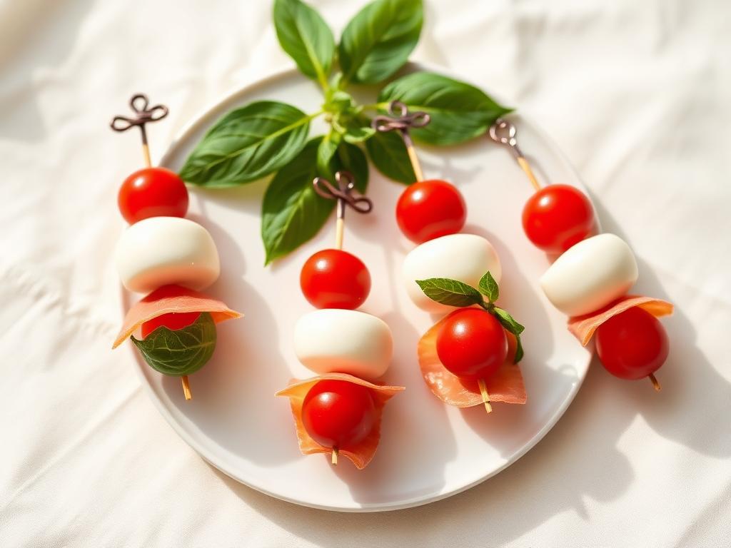 Szaszłyk: mozzarella • bazylia • prosciutto • pomidorek