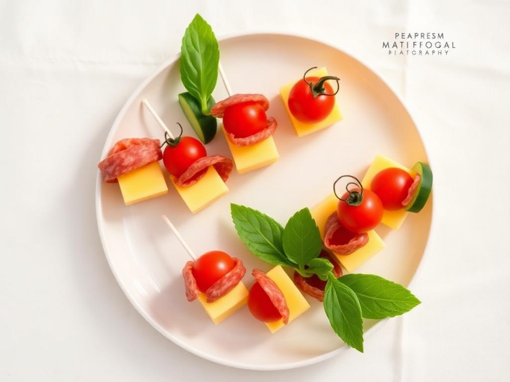 Szaszłyk: ser • salami • ogórek • pomidorek