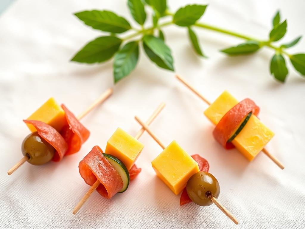 Szaszłyk: oliwka • ser • salami • ogórek